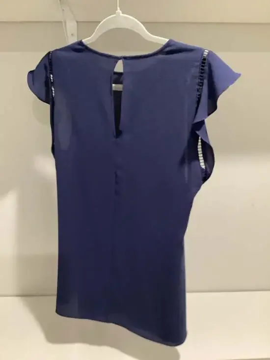 Michael Kors Navy Blue Flutter Sleeve Blouse with Lattice Trim Detail - Picture 3 of 3